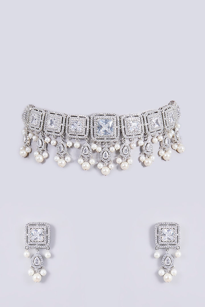 White Finish Zircon Choker Necklace Set by Shlok Jewels at Pernia's Pop Up Shop