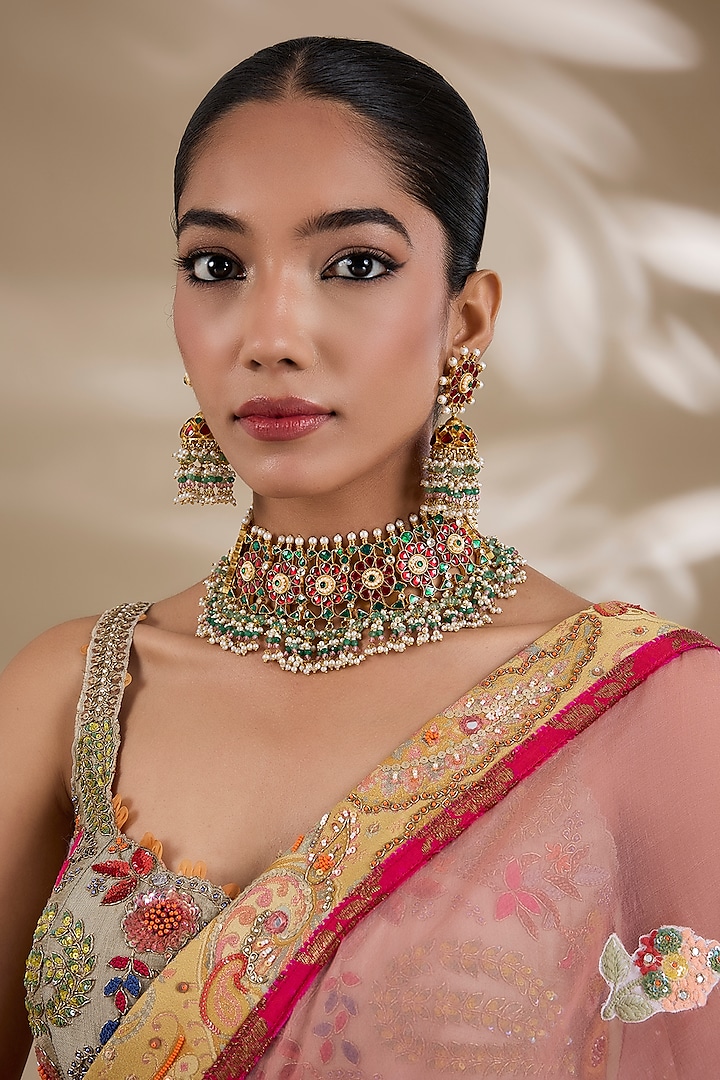 Gold Plated Kundan Polki & Semi-precious Stone Jadau Choker Necklace Set by Shlok Jewels at Pernia's Pop Up Shop