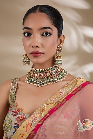 Gold Plated Kundan Polki & Semi-precious Stone Jadau Choker Necklace Set by Shlok Jewels