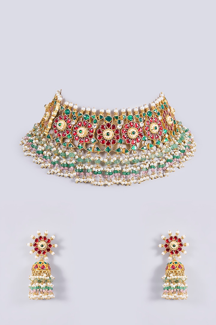 Gold Plated Kundan Polki & Semi-precious Stone Jadau Choker Necklace Set by Shlok Jewels at Pernia's Pop Up Shop