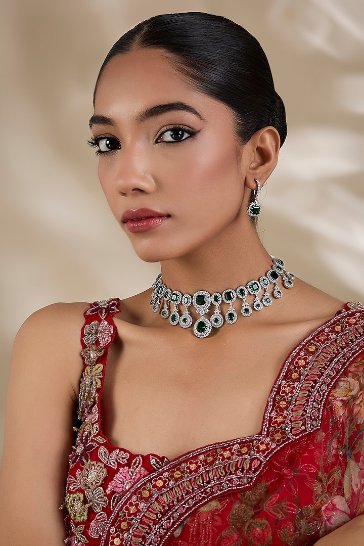 White Finish Zircon & Green Stone Choker Necklace Set by Shlok Jewels at Pernia's Pop Up Shop