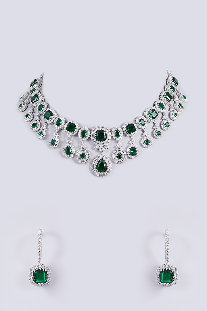 White Finish Zircon & Green Stone Choker Necklace Set by Shlok Jewels at Pernia's Pop Up Shop