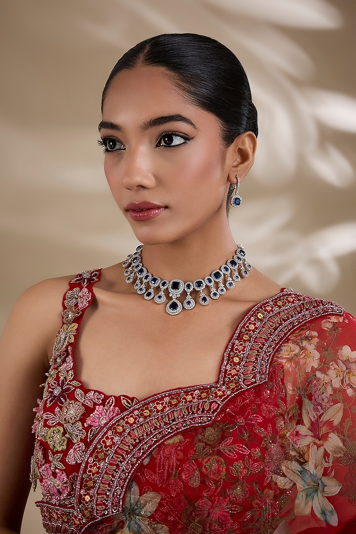 White Finish Zircon & Blue Stone Choker Necklace Set by Shlok Jewels at Pernia's Pop Up Shop