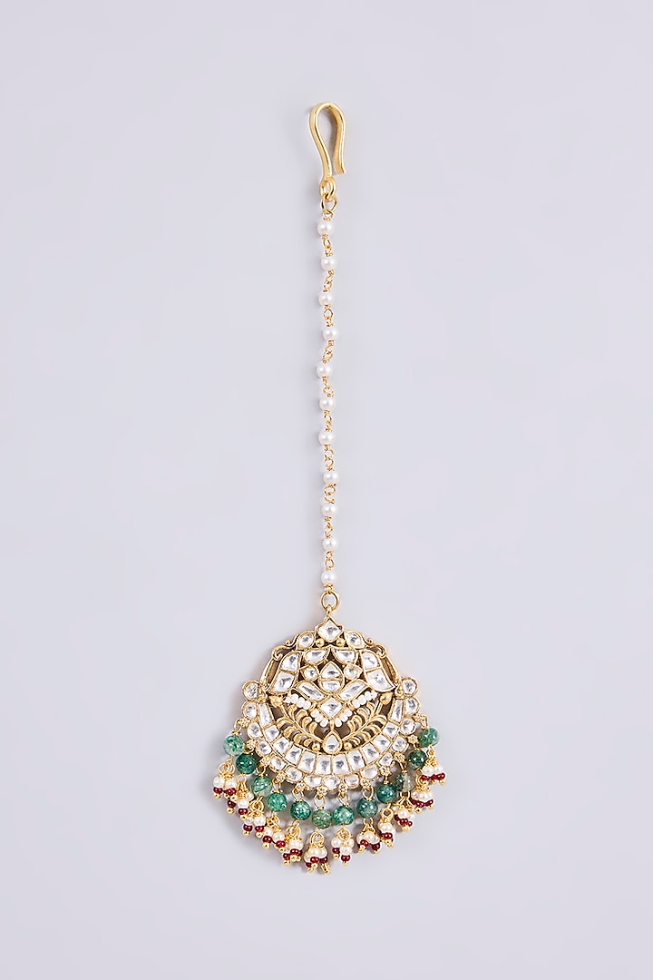 Gold Plated Kundan Polki & Semi-precious Stone Jadau Maangtikka by Shlok Jewels at Pernia's Pop Up Shop
