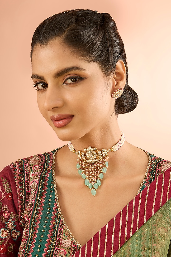 Gold Plated Jadau Kundan Polki Choker Necklace Set by Shlok Jewels at Pernia's Pop Up Shop