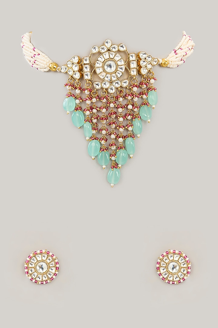 Gold Plated Jadau Kundan Polki Choker Necklace Set by Shlok Jewels at Pernia's Pop Up Shop