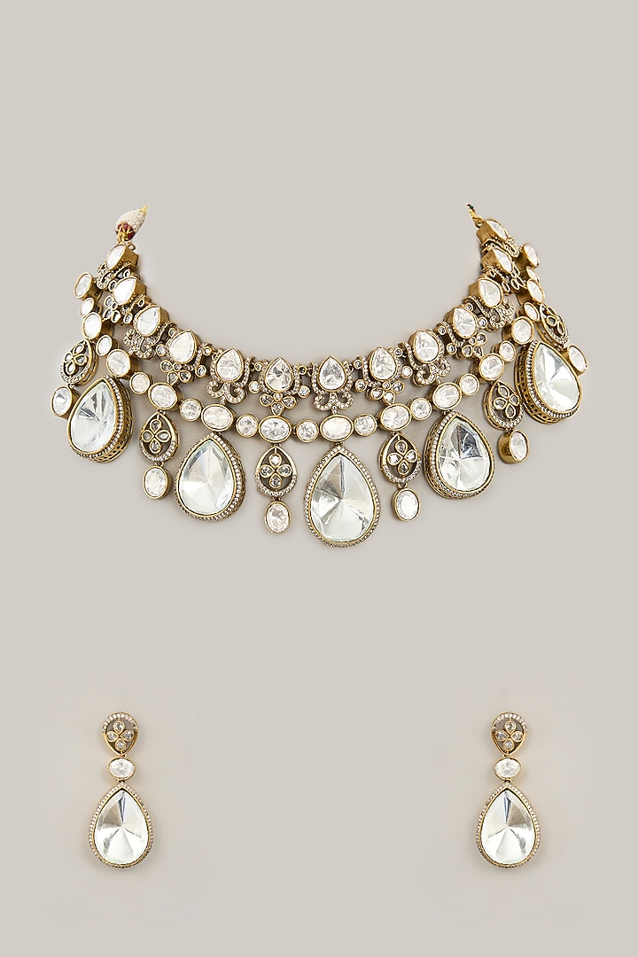Gold Plated Jadau Faux Polki & Natural Gemstone Necklace Set by Shlok Jewels at Pernia's Pop Up Shop