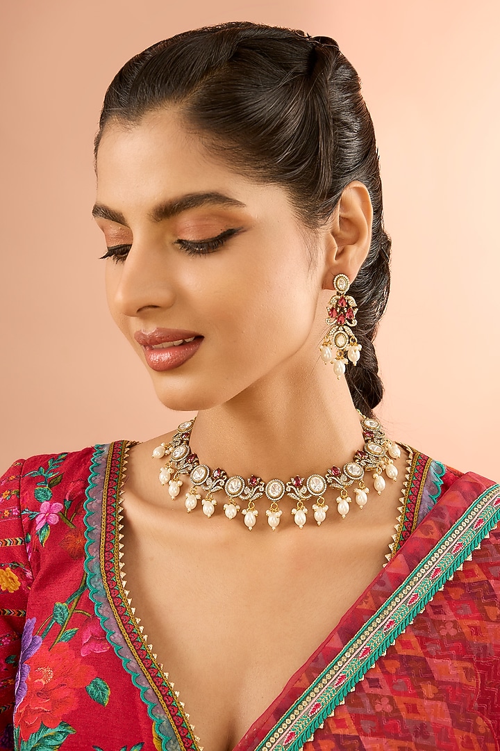 Gold Plated Jadau Faux Polki Necklace Set by Shlok Jewels at Pernia's Pop Up Shop
