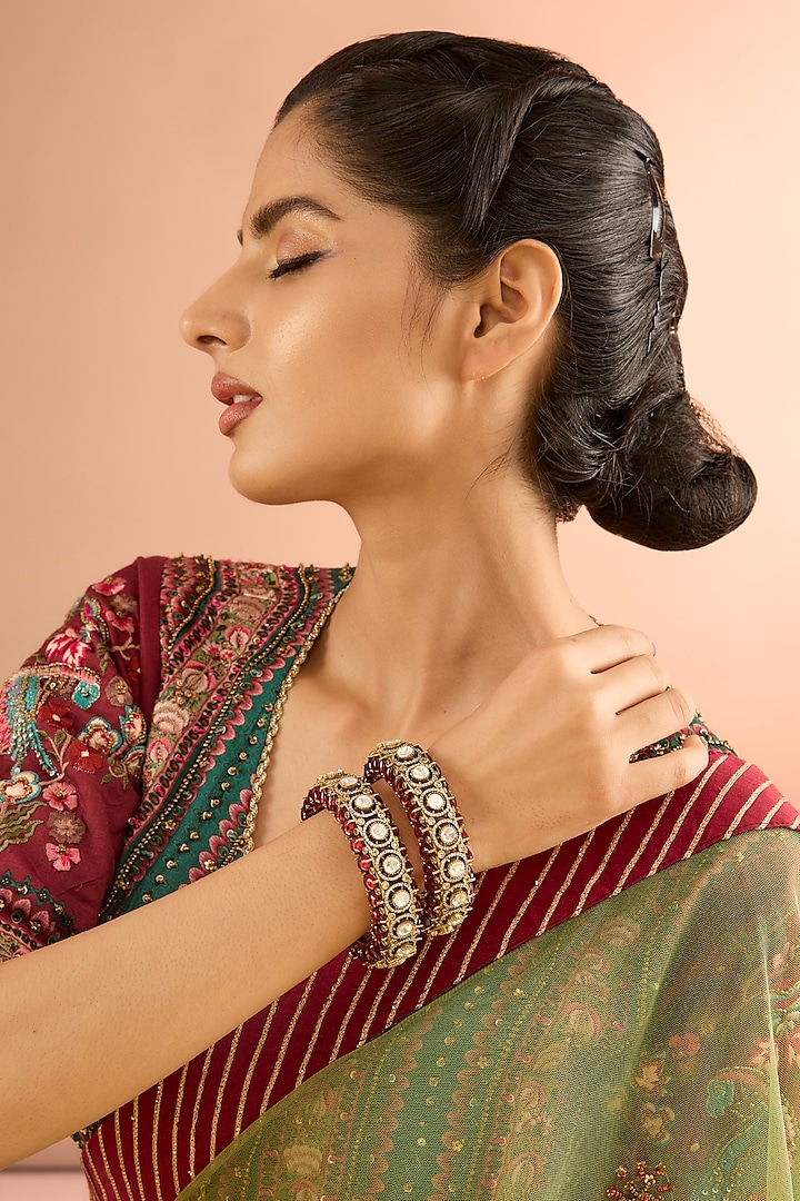 Gold Plated Jadau Faux Polki Bangles (Set Of 2) by Shlok Jewels at Pernia's Pop Up Shop