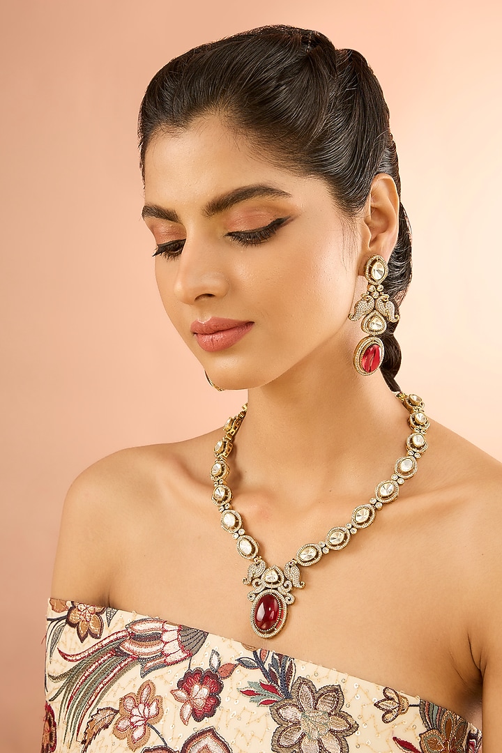 Gold Plated Jadau Faux Polki Long Necklace Set by Shlok Jewels at Pernia's Pop Up Shop