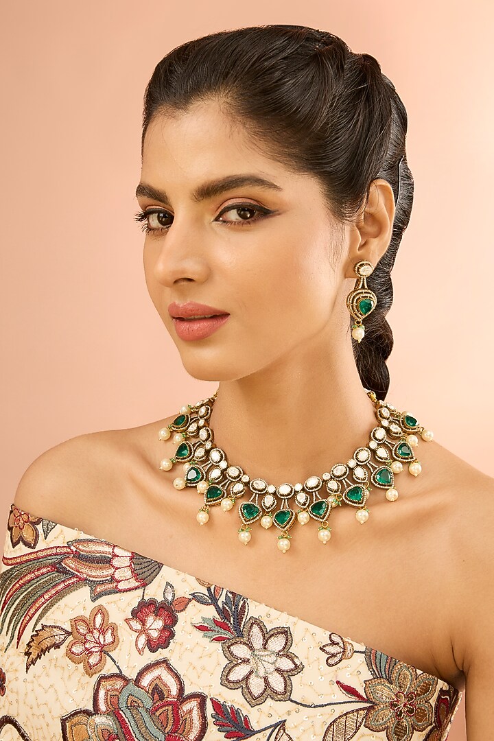 Gold Plated Jadau Faux Polki Choker Necklace Set by Shlok Jewels at Pernia's Pop Up Shop