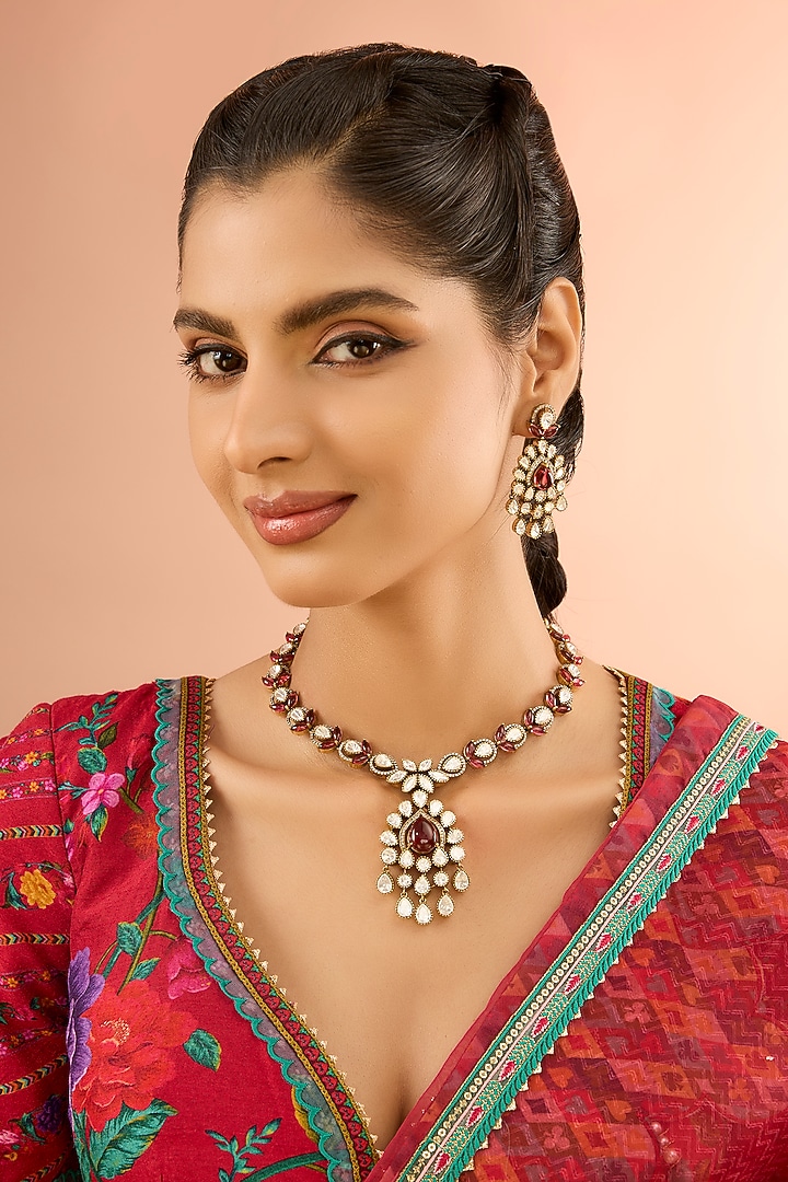 Gold Plated Jadau Faux Polki Pendant Necklace Set by Shlok Jewels at Pernia's Pop Up Shop