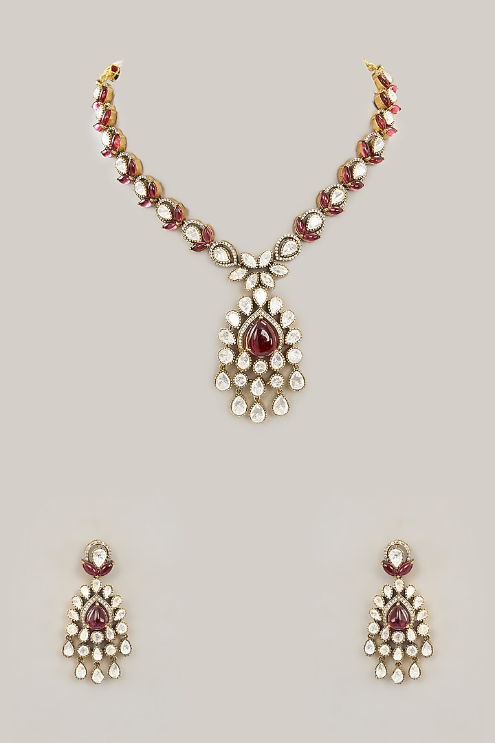 Gold Plated Jadau Faux Polki Pendant Necklace Set by Shlok Jewels at Pernia's Pop Up Shop