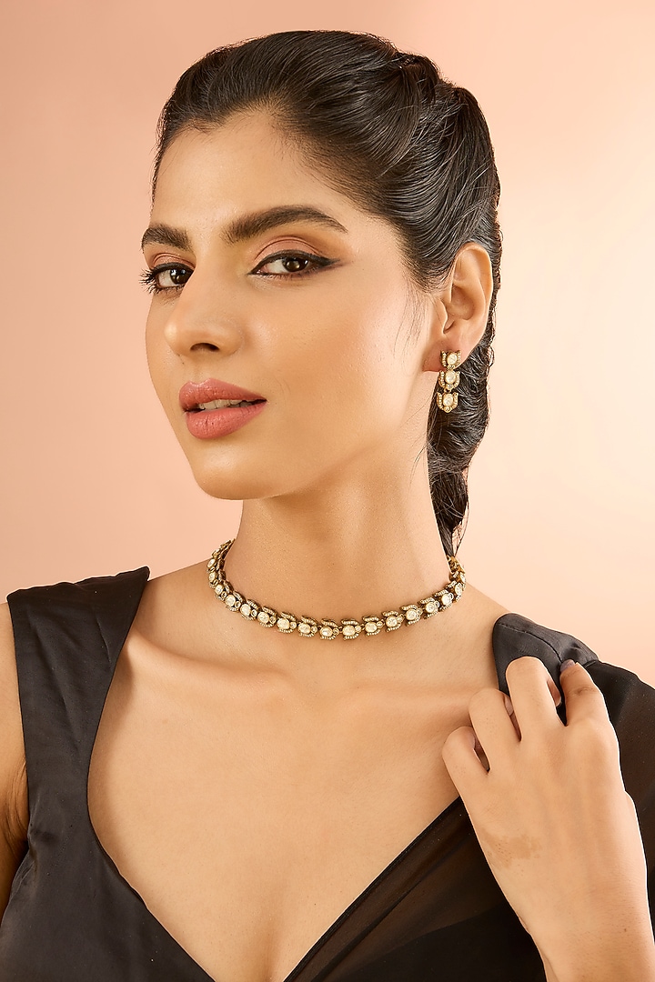Gold Plated Jadau Faux Polki Choker Necklace Set by Shlok Jewels at Pernia's Pop Up Shop