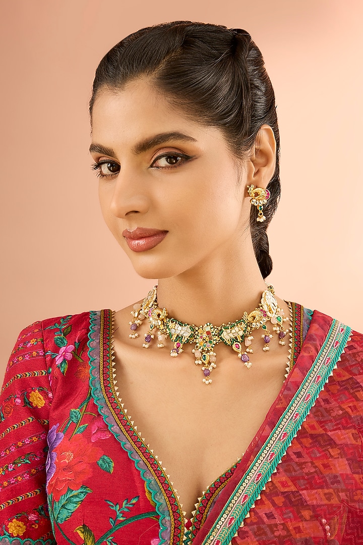 Gold Plated Jadau Kundan Polki Choker Necklace Set by Shlok Jewels at Pernia's Pop Up Shop
