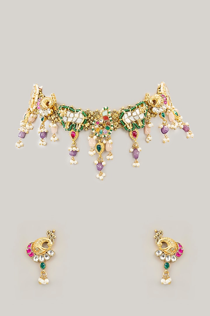 Gold Plated Jadau Kundan Polki Choker Necklace Set by Shlok Jewels at Pernia's Pop Up Shop