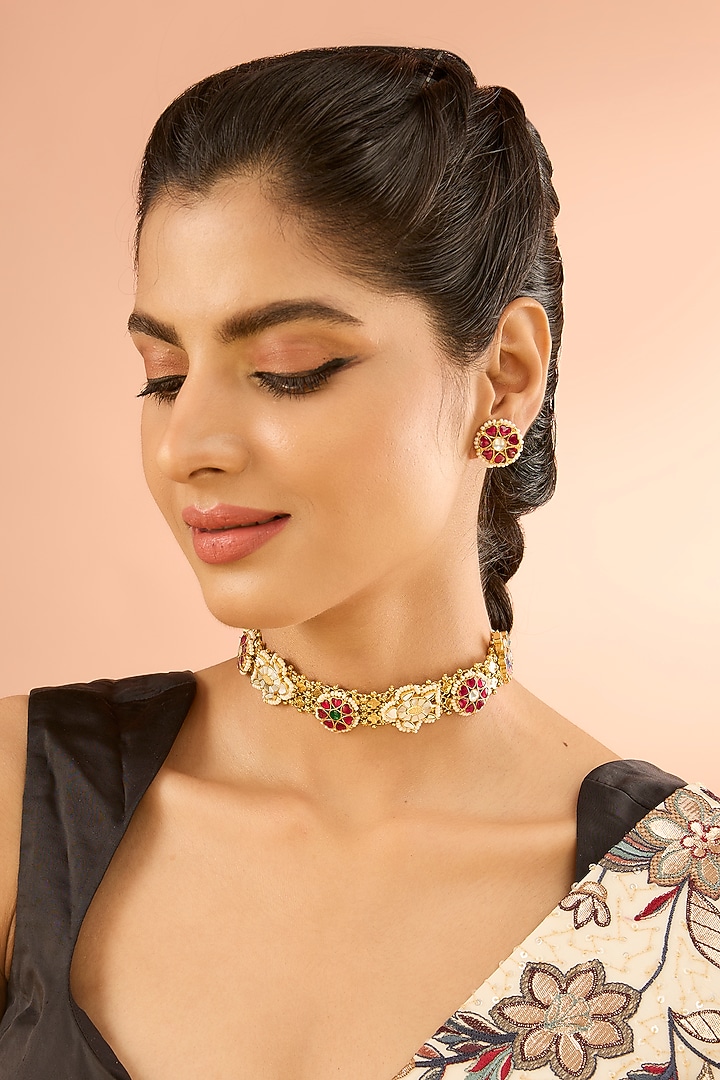 Gold Plated Jadau Kundan Polki Choker Necklace Set by Shlok Jewels at Pernia's Pop Up Shop