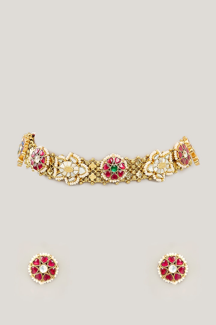 Gold Plated Jadau Kundan Polki Choker Necklace Set by Shlok Jewels at Pernia's Pop Up Shop