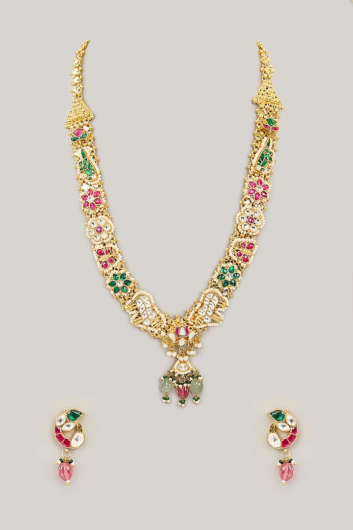 Gold Plated Jadau Kundan Polki Long Necklace Set by Shlok Jewels at Pernia's Pop Up Shop
