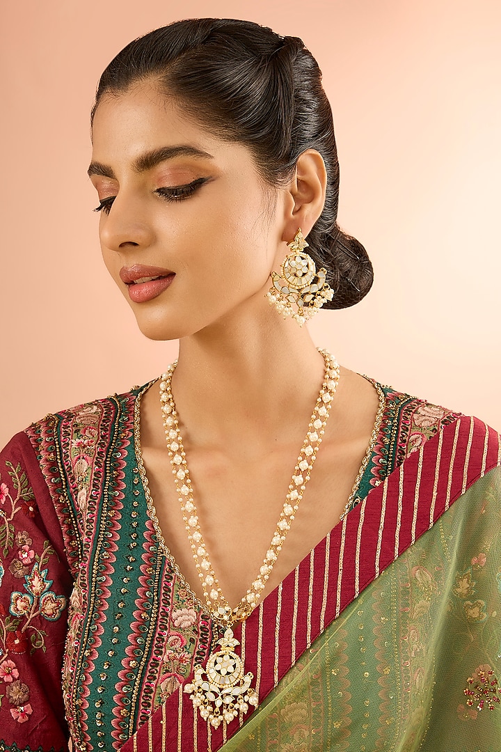 Gold Plated Mother Of Pearl Long Pendant Necklace Set by Shlok Jewels at Pernia's Pop Up Shop