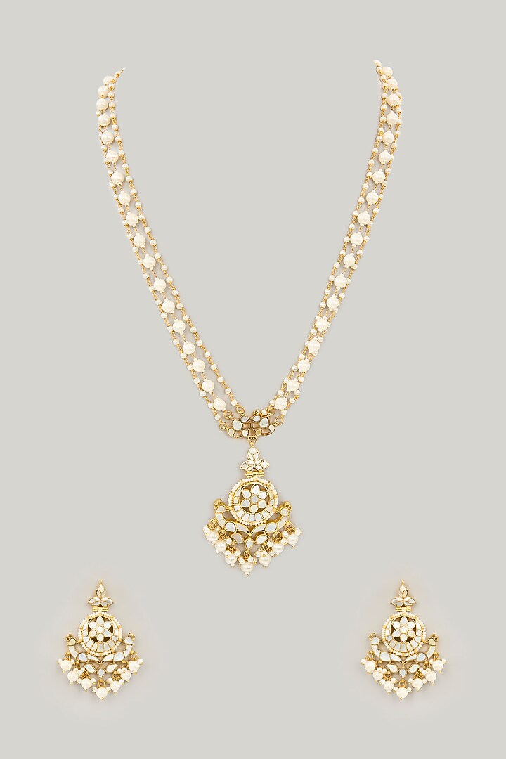 Gold Plated Mother Of Pearl Long Pendant Necklace Set by Shlok Jewels at Pernia's Pop Up Shop
