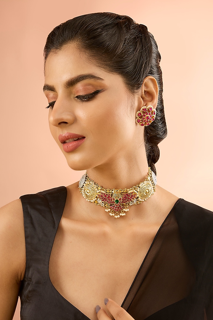 Gold Plated Jadau Kundan Polki Choker Necklace Set by Shlok Jewels at Pernia's Pop Up Shop