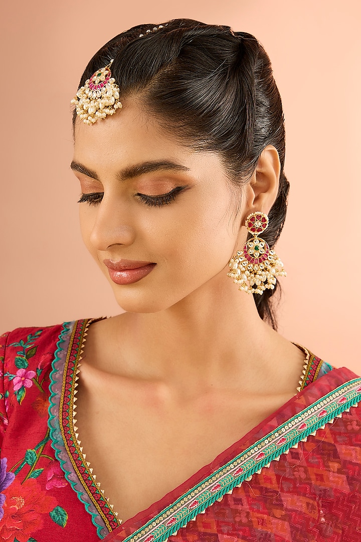 Gold Plated Jadau Kundan Polki Dangler Earrings With Maangtikka by Shlok Jewels at Pernia's Pop Up Shop