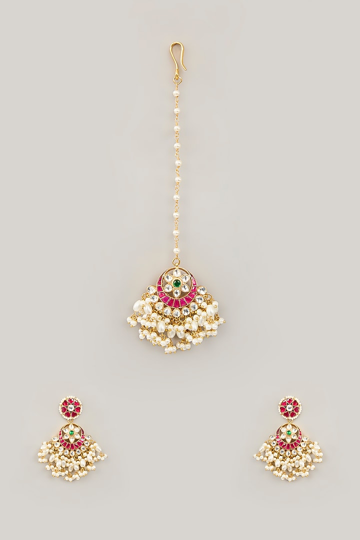 Gold Plated Jadau Kundan Polki Dangler Earrings With Maangtikka by Shlok Jewels at Pernia's Pop Up Shop
