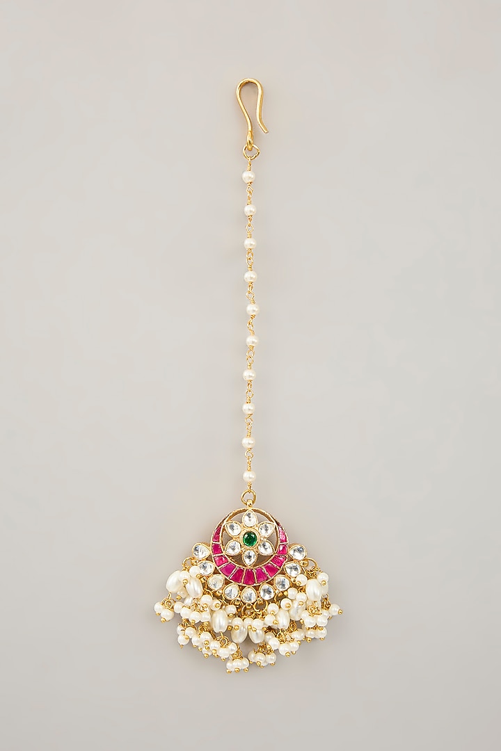 Gold Plated Jadau Kundan Polki Dangler Earrings With Maangtikka by Shlok Jewels at Pernia's Pop Up Shop