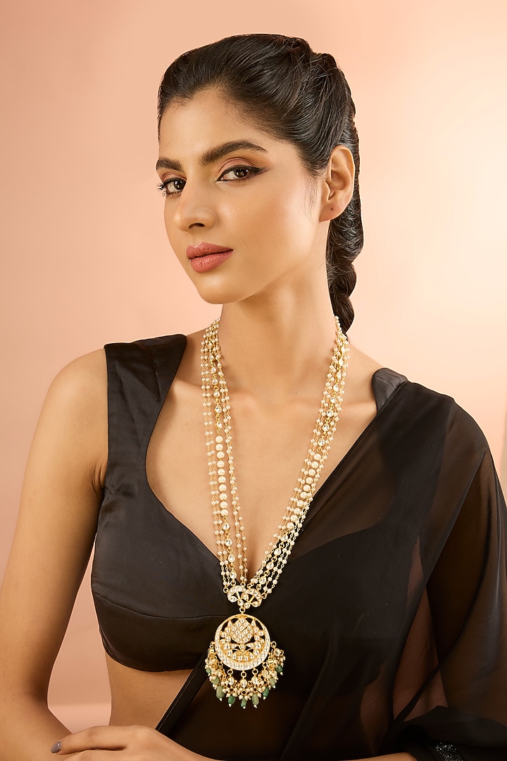 Gold Plated Jadau Kundan Polki Long Pendant Necklace by Shlok Jewels at Pernia's Pop Up Shop