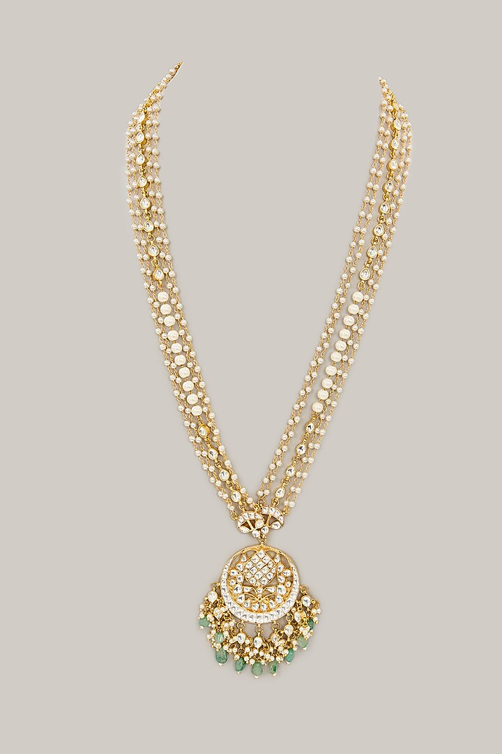 Gold Plated Jadau Kundan Polki Long Pendant Necklace by Shlok Jewels at Pernia's Pop Up Shop