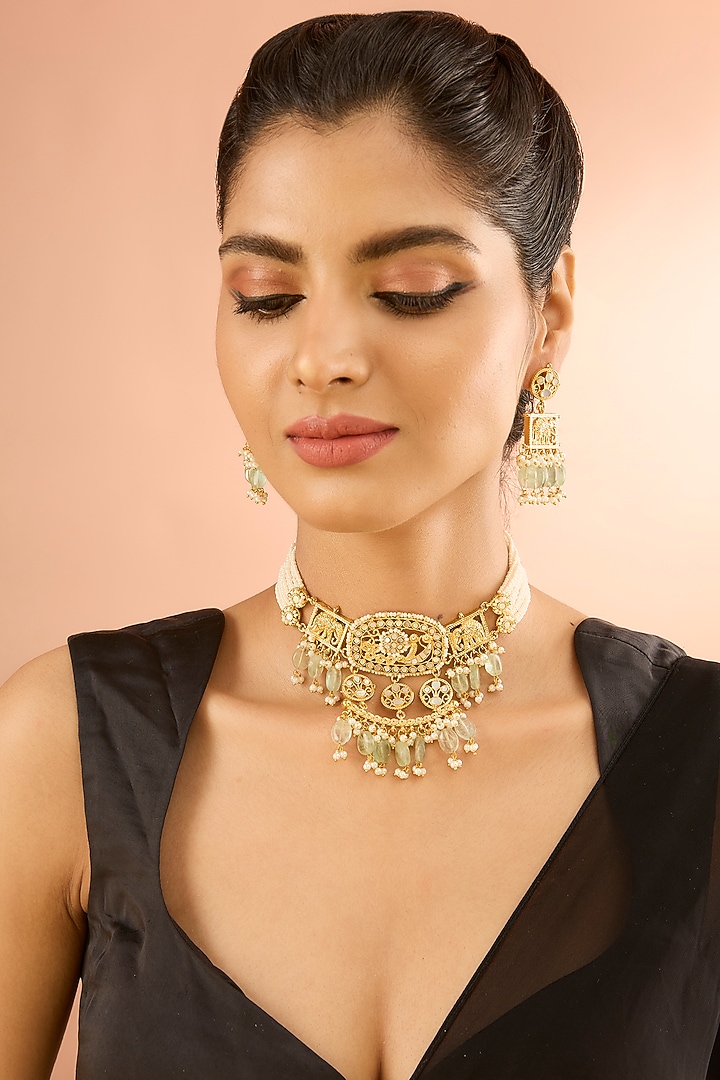 Gold Plated Mother Of Pearl Choker Necklace Set by Shlok Jewels at Pernia's Pop Up Shop