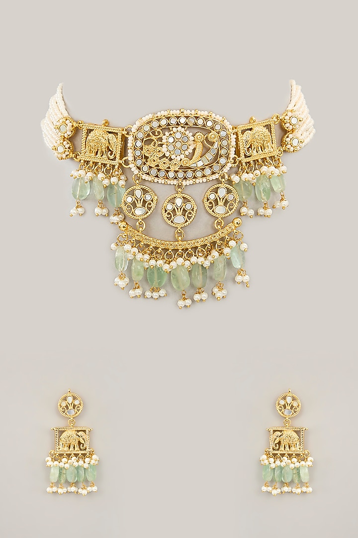 Gold Plated Mother Of Pearl Choker Necklace Set by Shlok Jewels at Pernia's Pop Up Shop