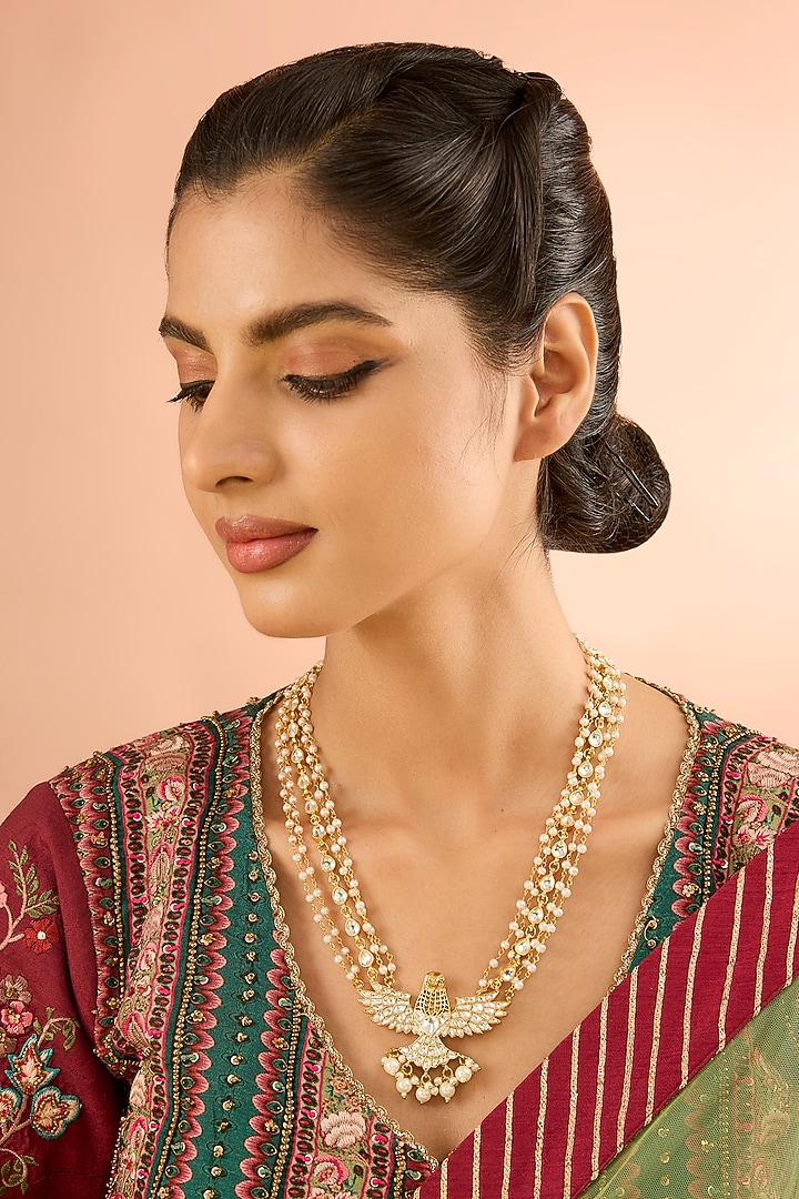 Gold Plated Jadau Kundan Polki Long Pendant Necklace by Shlok Jewels at Pernia's Pop Up Shop