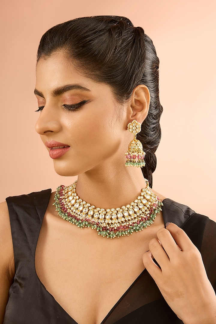 Gold Plated Jadau Kundan Polki Necklace Set by Shlok Jewels at Pernia's Pop Up Shop
