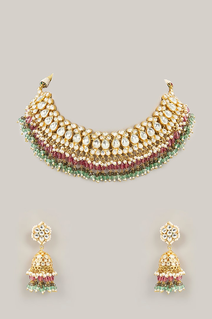 Gold Plated Jadau Kundan Polki Necklace Set by Shlok Jewels at Pernia's Pop Up Shop