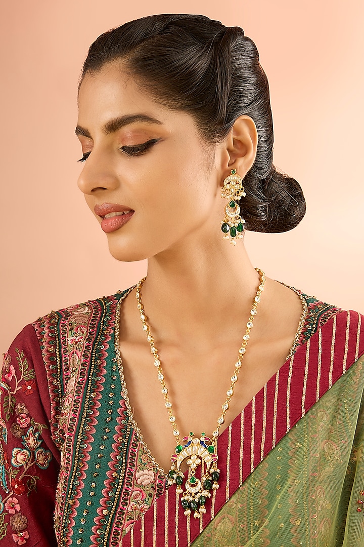Gold Plated Jadau Kundan Polki Long Pendant Necklace Set by Shlok Jewels at Pernia's Pop Up Shop