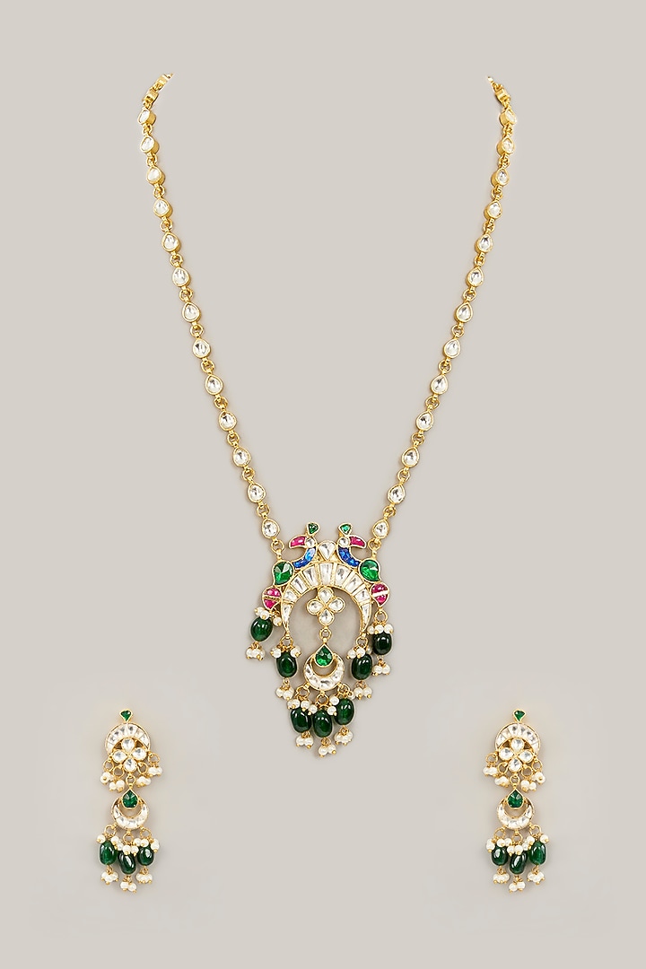 Gold Plated Jadau Kundan Polki Long Pendant Necklace Set by Shlok Jewels at Pernia's Pop Up Shop