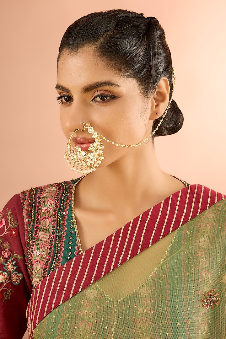 Gold Plated Jadau Kundan Polki & Natural Gemstone Nose Ring by Shlok Jewels at Pernia's Pop Up Shop