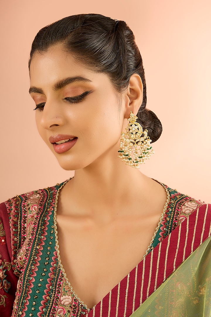 Gold Plated Jadau Mother Of Pearl & Natural Gemstone Dangler Earrings by Shlok Jewels at Pernia's Pop Up Shop