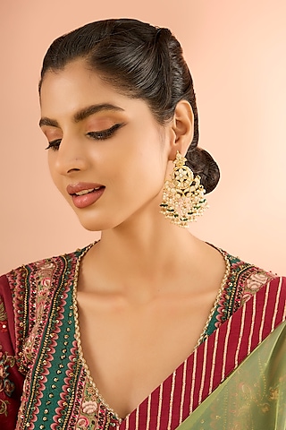 Gold Plated Jadau Mother Of Pearl & Natural Gemstone Dangler Earrings by Shlok Jewels