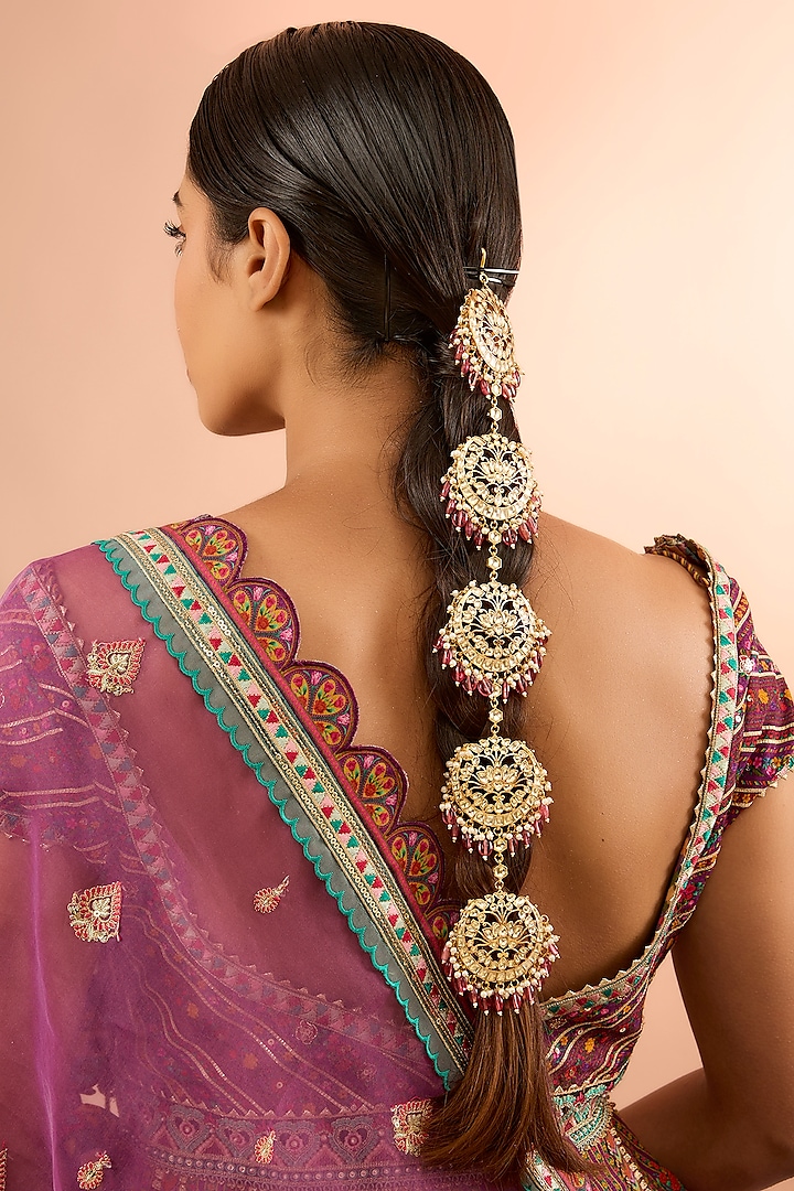 Gold Plated Jadau Kundan Polki & Natural Gemstone Hair Braid by Shlok Jewels at Pernia's Pop Up Shop