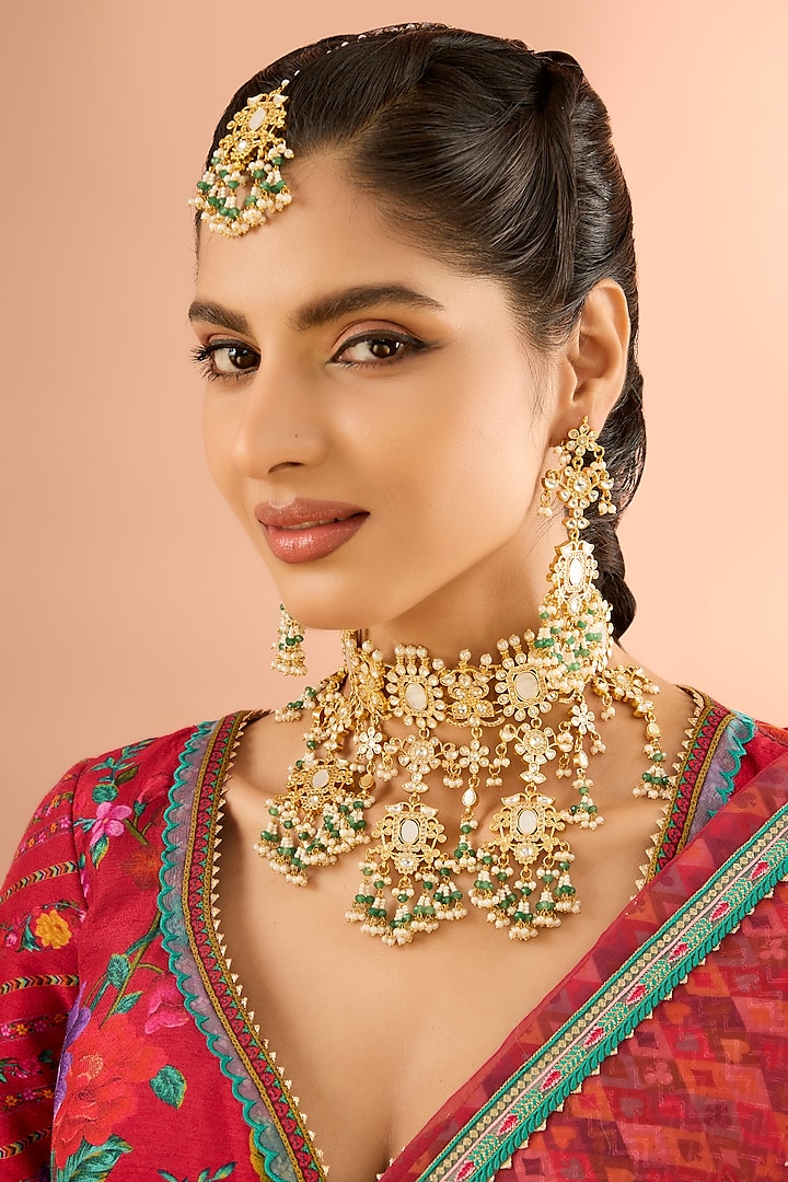 Gold Plated Mother Of Pearl & Natural Gemstone Necklace Set by Shlok Jewels at Pernia's Pop Up Shop