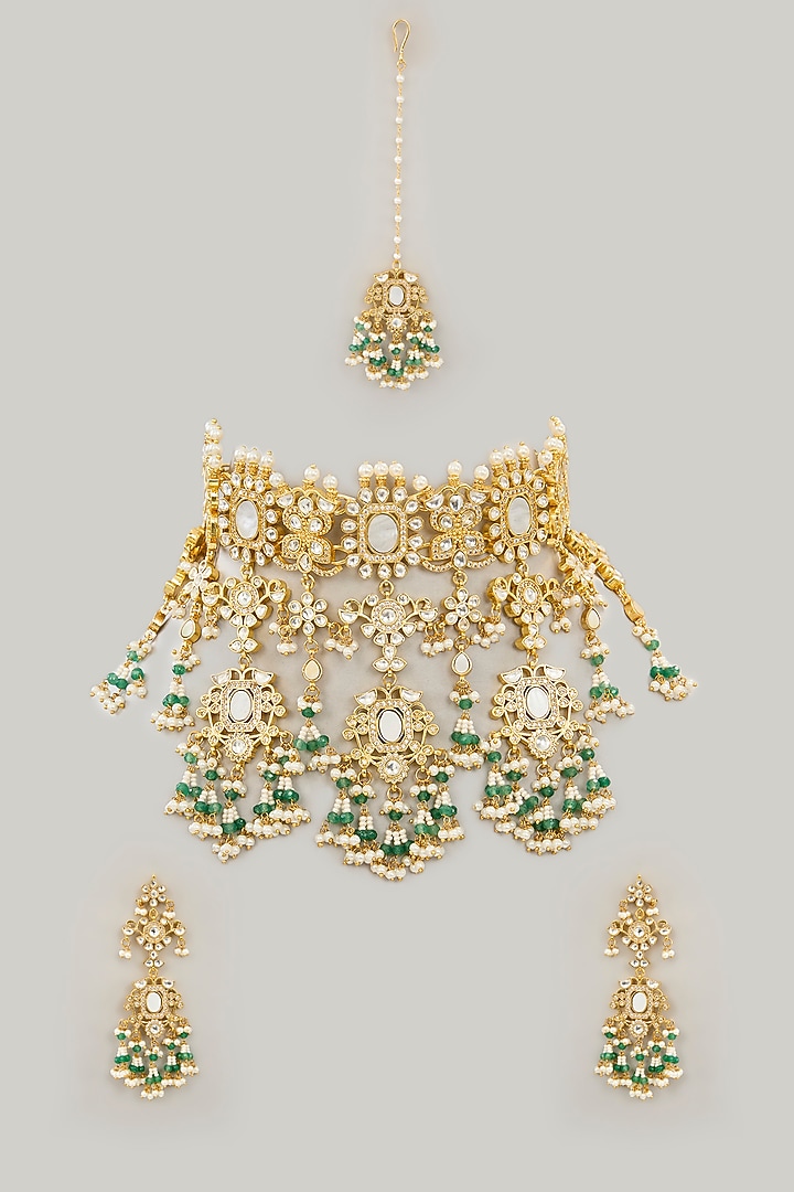 Gold Plated Mother Of Pearl & Natural Gemstone Necklace Set by Shlok Jewels at Pernia's Pop Up Shop