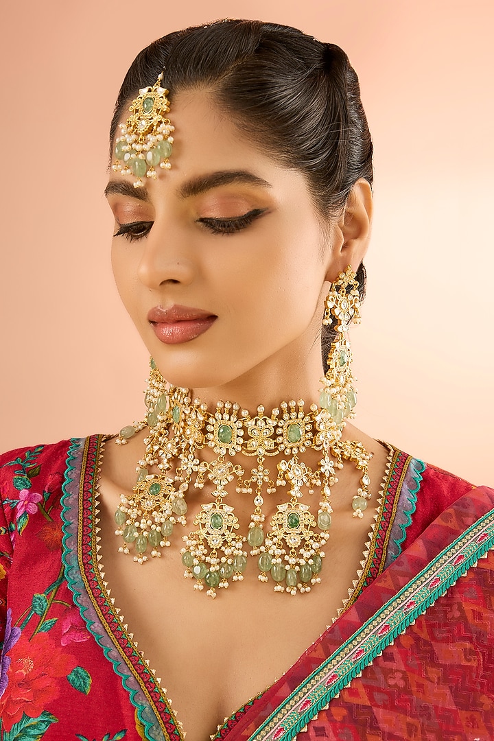 Gold Plated Jadau Kundan Polki & Natural Gemstone Necklace Set by Shlok Jewels at Pernia's Pop Up Shop