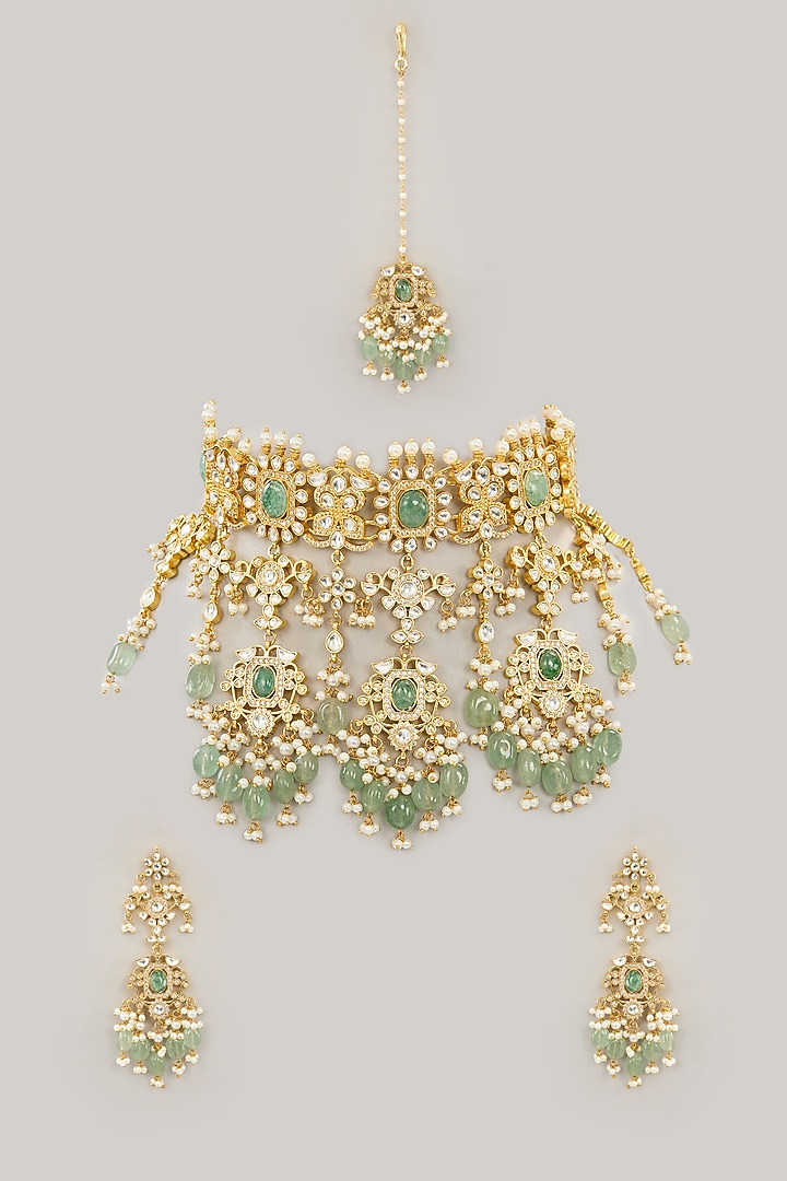 Gold Plated Jadau Kundan Polki & Natural Gemstone Necklace Set by Shlok Jewels at Pernia's Pop Up Shop