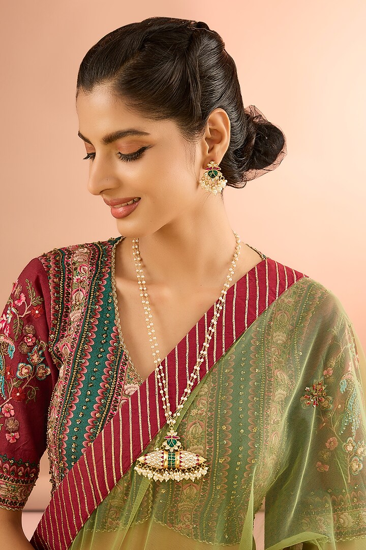 Gold Plated Jadau Kundan Polki & Natural Semi-precious Stone Long Necklace Set by Shlok Jewels at Pernia's Pop Up Shop