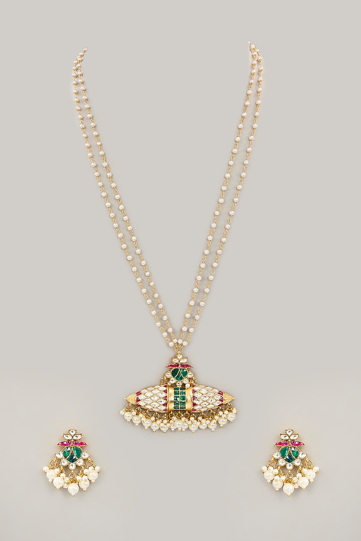 Gold Plated Jadau Kundan Polki & Natural Semi-precious Stone Long Necklace Set by Shlok Jewels at Pernia's Pop Up Shop