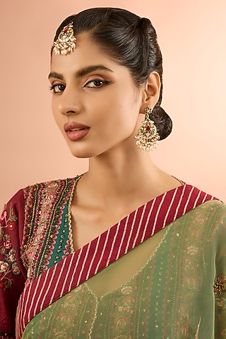 Gold Plated Jadau Kundan Polki & Natural Semi-precious Stone Dangler Earrings With Maangtikka by Shlok Jewels