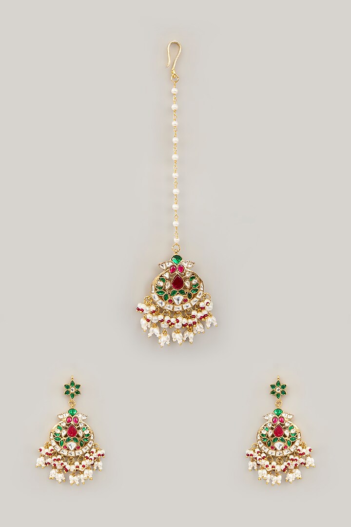 Gold Plated Jadau Kundan Polki & Natural Semi-precious Stone Dangler Earrings With Maangtikka by Shlok Jewels at Pernia's Pop Up Shop